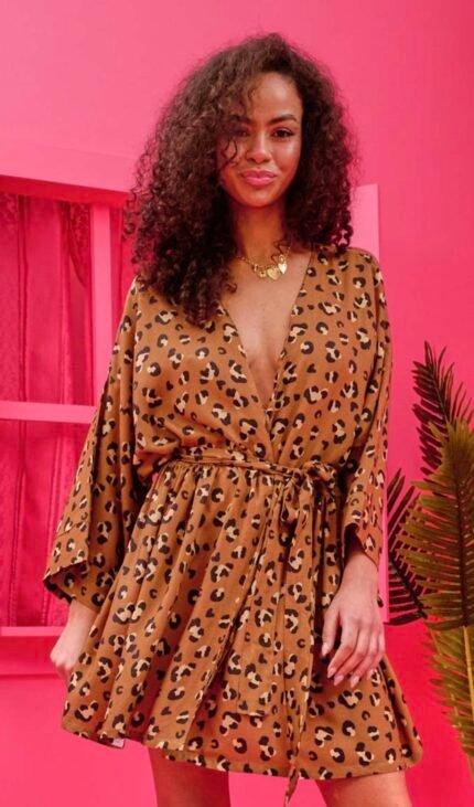 Jennie Kimono Vis Leopar Animal Print Κιμονό με Ζώνη Petit Boutik