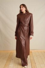 Walnut Brown Leather Maxi Coat