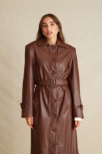 Walnut Brown Leather Maxi Coat - Image 2