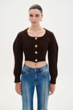 Brown crop cardigan with gold bottom