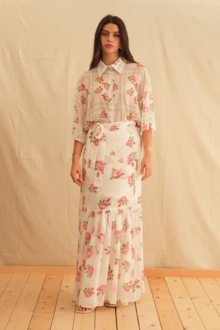 Georgina Trikogia | Pink Rose Polymorphic Skirt - εντυπωσιακή ροζ φούστα με σχέδιο τριαντάφυλλο.