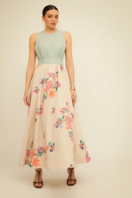 Bee me Daisy Dress (Ivory/Green) – Κρουαζέ, μακρυμάνικο φόρεμα με λουλουδάτο σχέδιο. - View 2